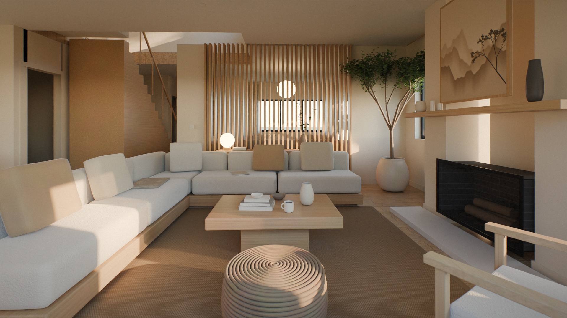 AI-generated rendering of a Japandi living room with slatted oak screen