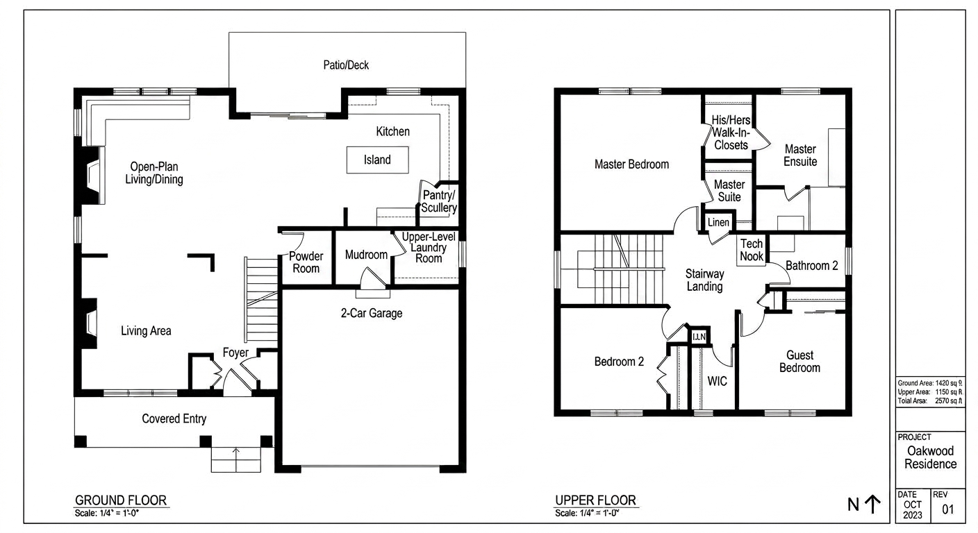 Blank architectural floor plan, ground and upper floor